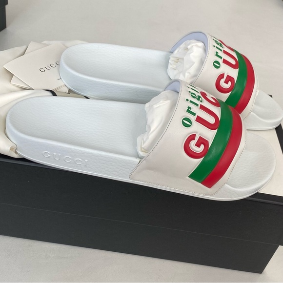 Mens Gucci “Original Gucci” Leather Rubber Pool Slide Sandal 10 GG White Logo - Picture 3 of 6